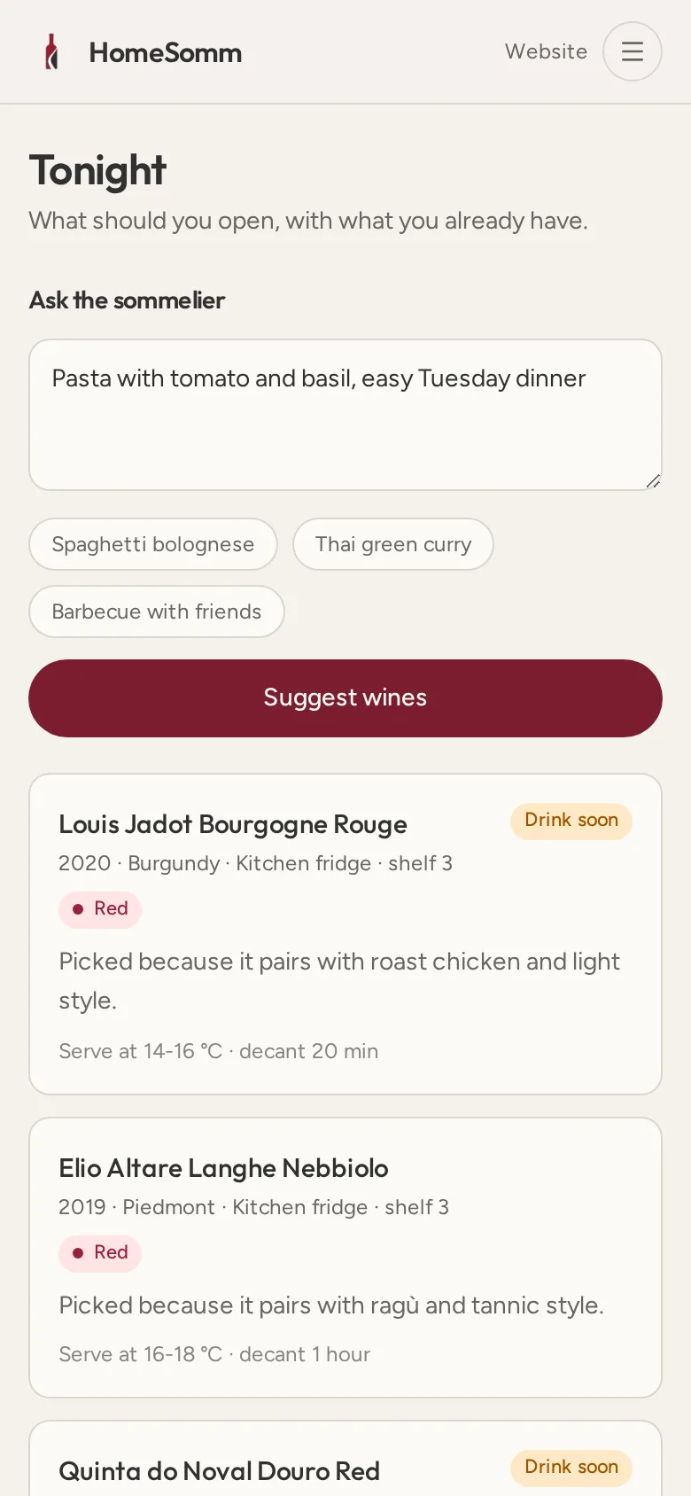 HomeSomm tonight screen showing AI sommelier suggestions for roast chicken, picked from bottles already in the cellar